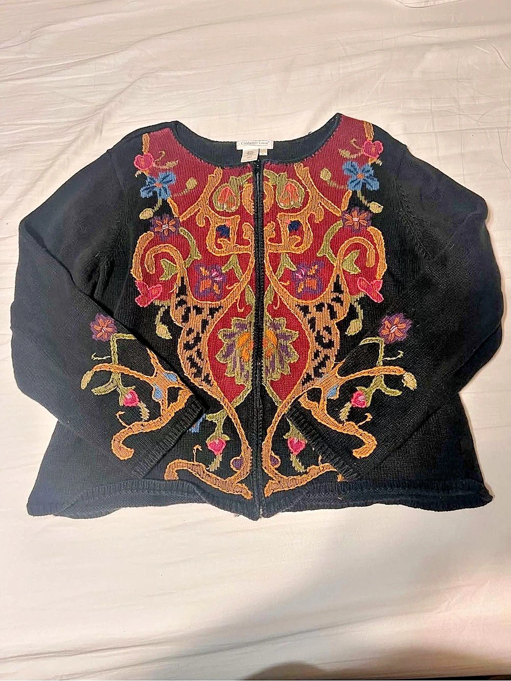 Coldwater Creek Embroidered Tapestry Zip Cardigan Medium